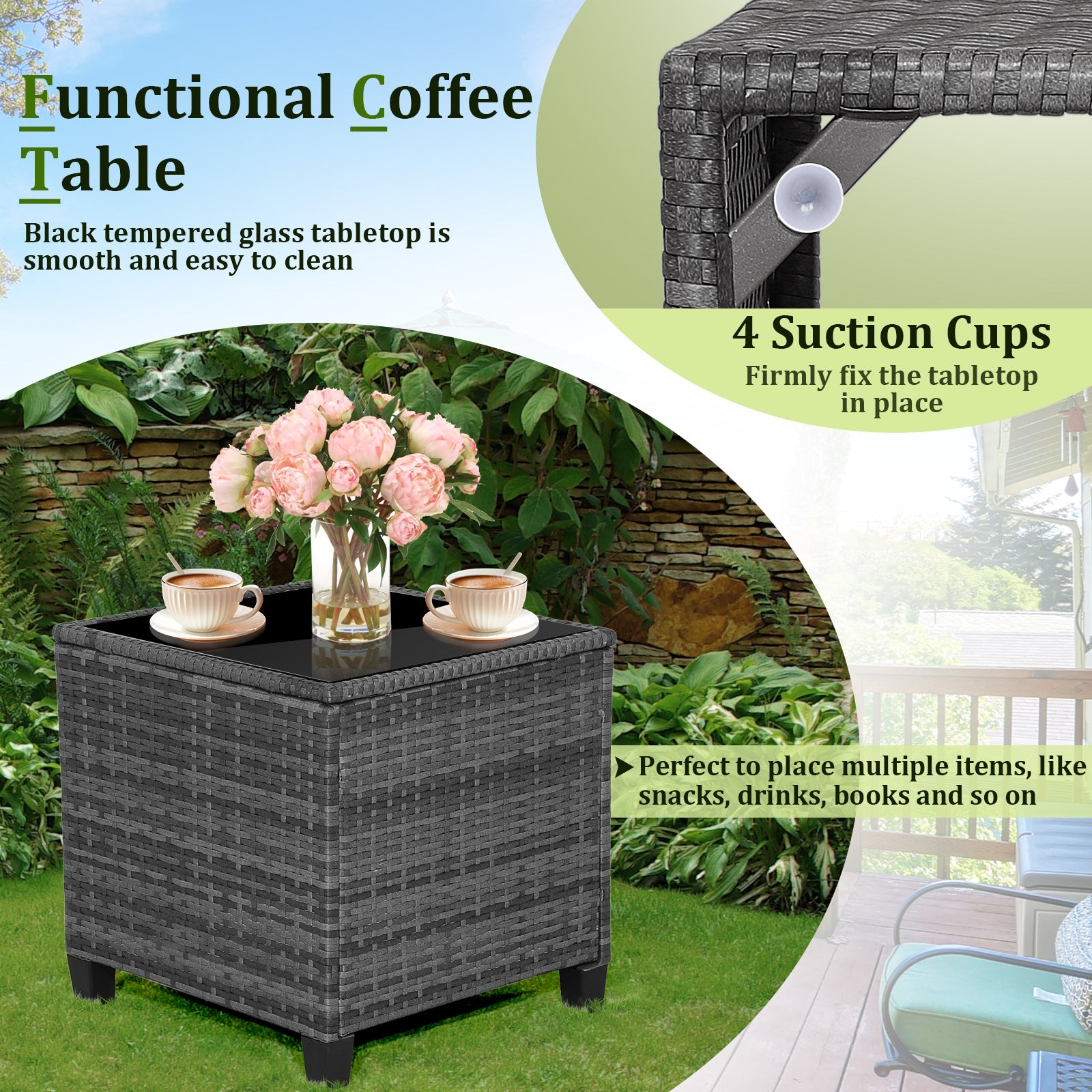 3 Pieces Outdoor Wicker Conversation Set with Tempered Glass Tabletop, Navy Patio Conversation Sets at Gallery Canada