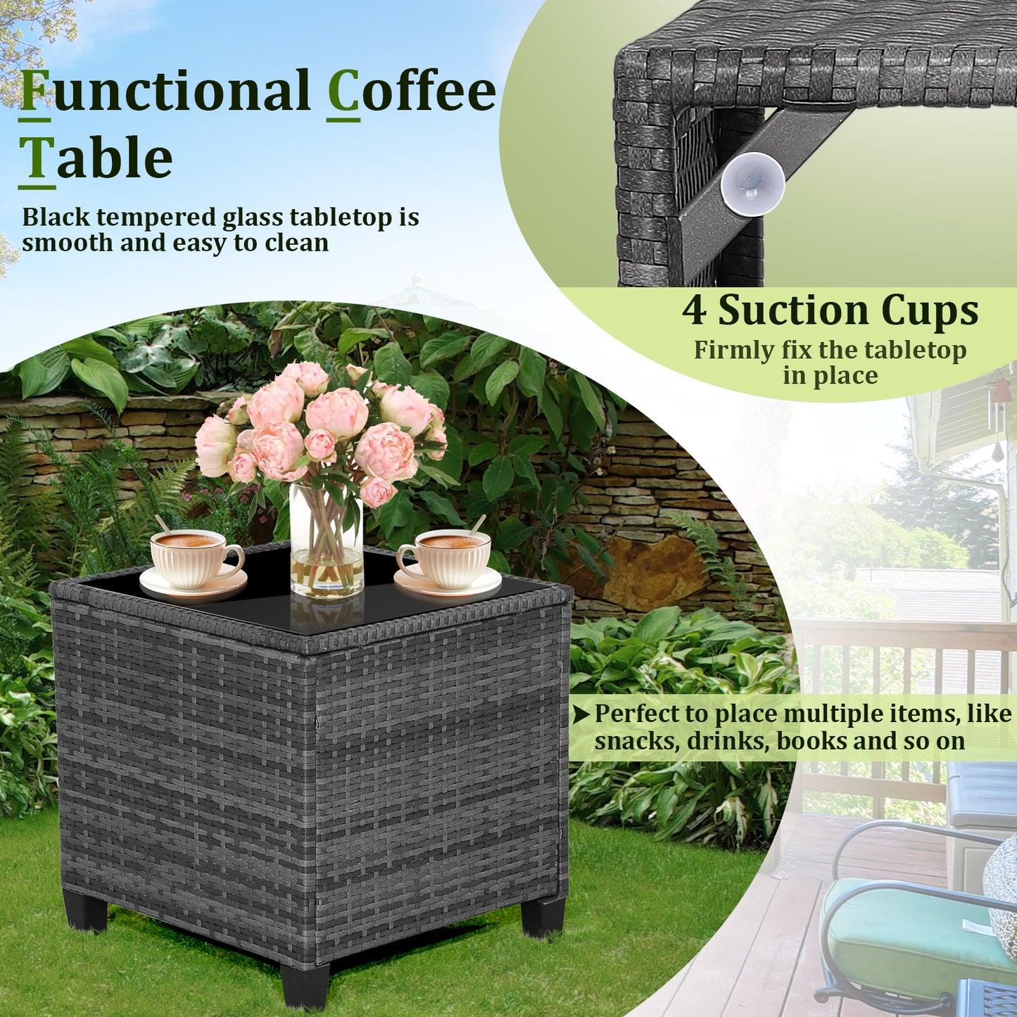 3 Pieces Outdoor Wicker Conversation Set with Tempered Glass Tabletop, Navy Patio Conversation Sets at Gallery Canada