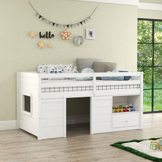 Twin Size Solid Wood Low Loft Bed with Storage and Drawer, White - Gallery Canada