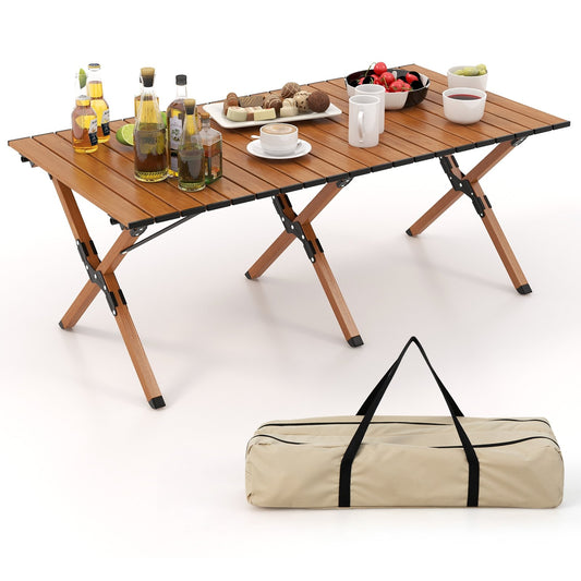 Folding Lightweight Aluminum Camping Table with Wood Grain-L, Natural - Gallery Canada