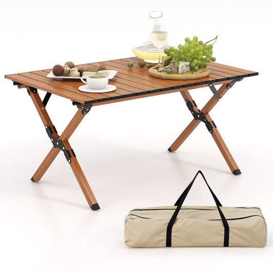 Folding Lightweight Aluminum Camping Table with Wood Grain-M, Natural - Gallery Canada