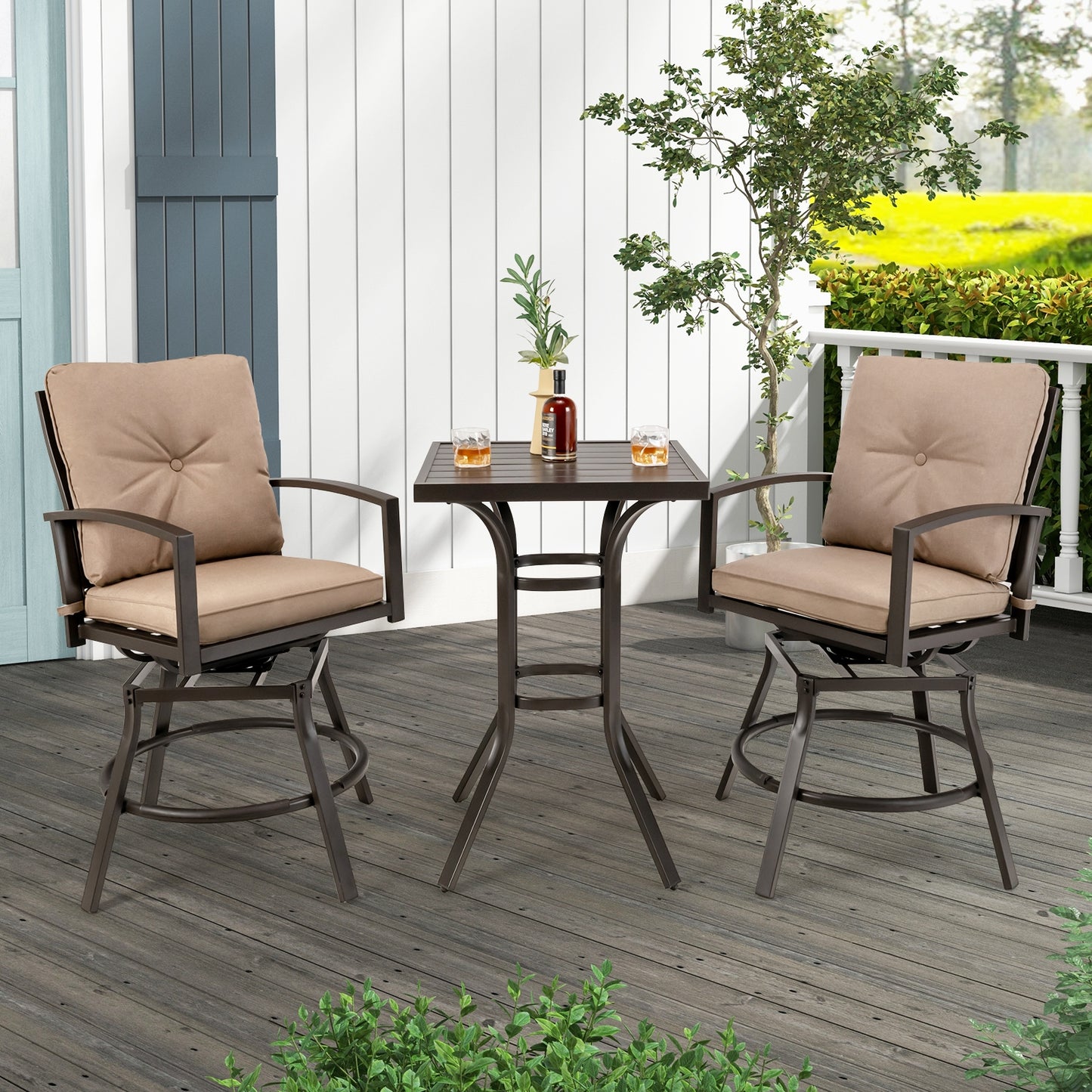 3 Pieces Patio Swivel Bar Table Set with Removable Cushions and Rustproof Metal Frame, Beige Patio Bar Furniture at Gallery Canada