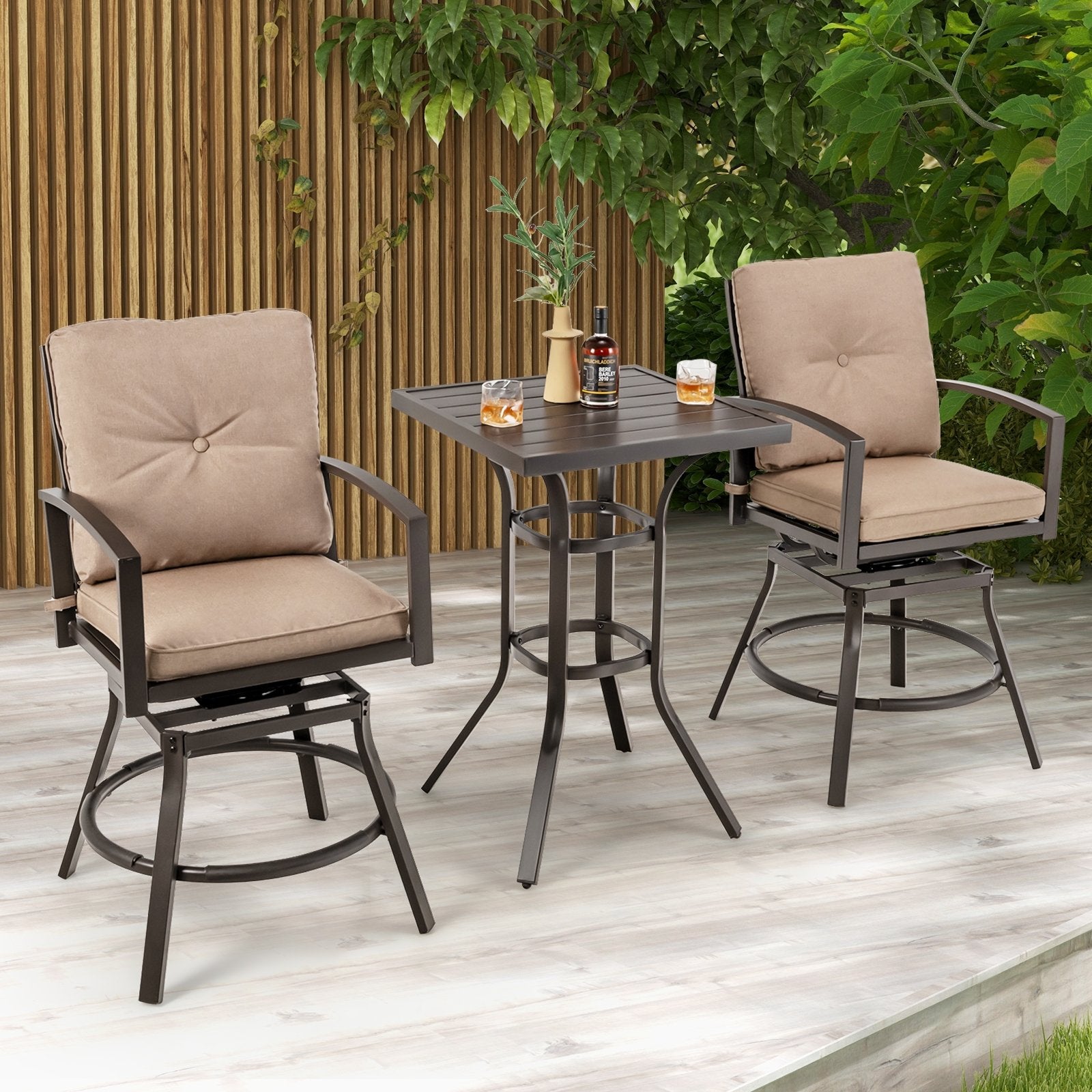3 Pieces Patio Swivel Bar Table Set with Removable Cushions and Rustproof Metal Frame, Beige - Gallery Canada