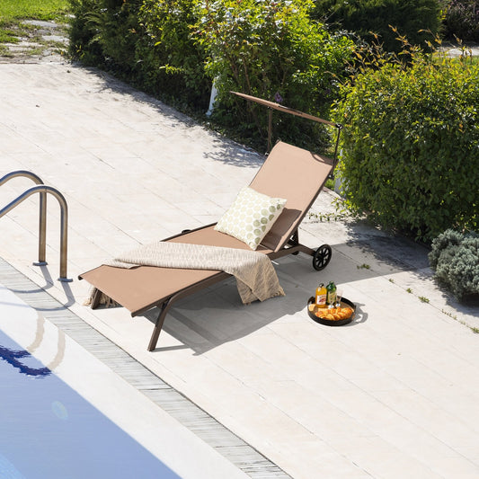 Patio Heavy-Duty Adjustable Chaise Lounge Chair with Canopy Cup holder and Wheels, Brown Outdoor Chaise Lounges Brown at Gallery Canada
