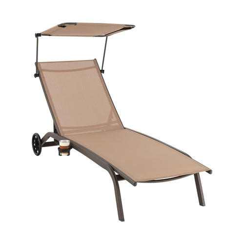 Patio Heavy-Duty Adjustable Chaise Lounge Chair with Canopy Cup holder and Wheels, Brown