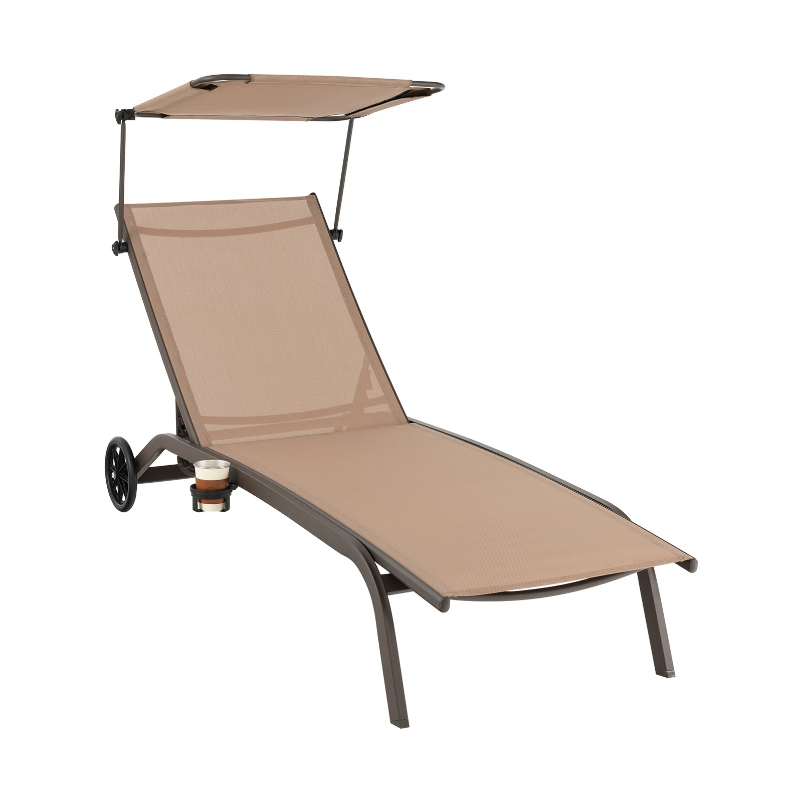 Patio Heavy-Duty Adjustable Chaise Lounge Chair with Canopy Cup holder and Wheels, Brown Outdoor Chaise Lounges at Gallery Canada