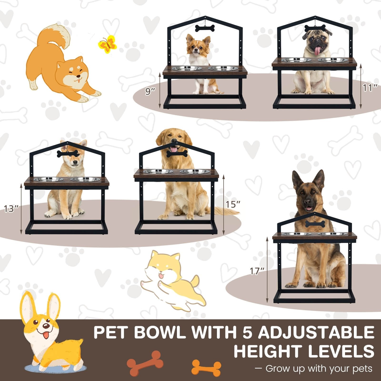 5 Heights Elevated Pet Feeder with 2 Detachable Stainless Steel Bowl, Brown - Gallery Canada