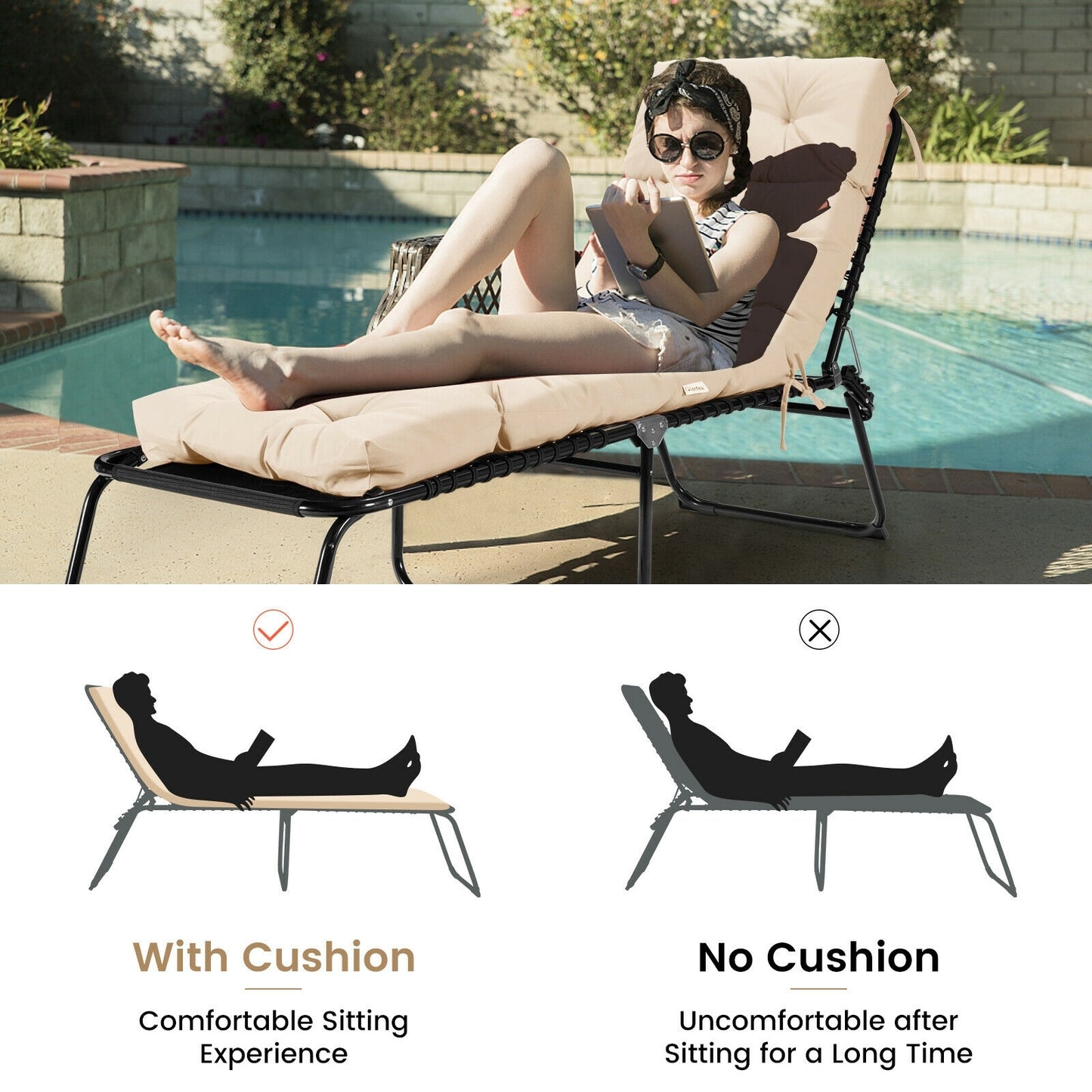Outdoor Lounge Chaise Cushion with String Ties for Garden Poolside, Beige Outdoor Chaise Lounges at Gallery Canada