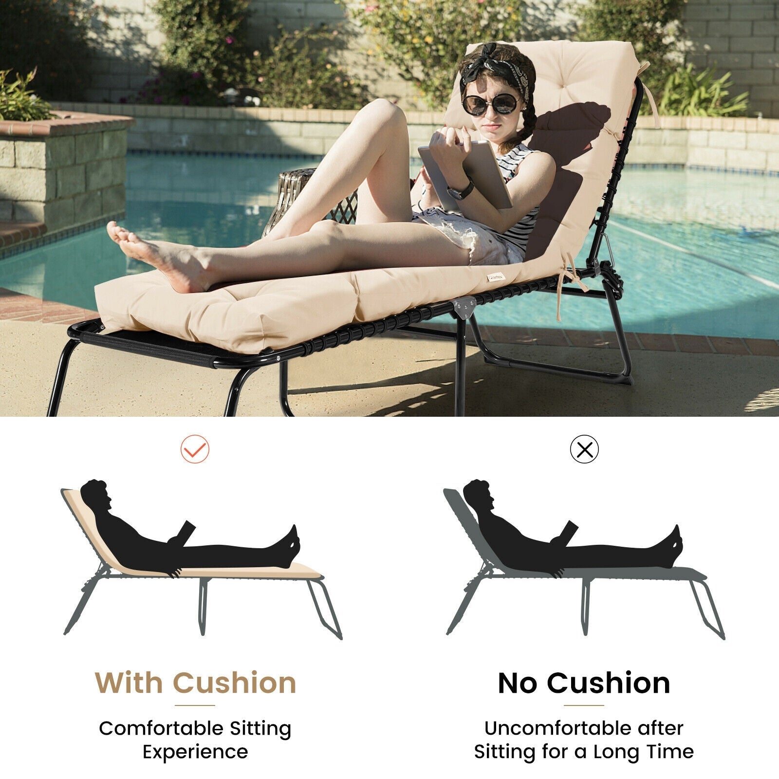 Outdoor Lounge Chaise Cushion with String Ties for Garden Poolside, Beige Outdoor Chaise Lounges at Gallery Canada