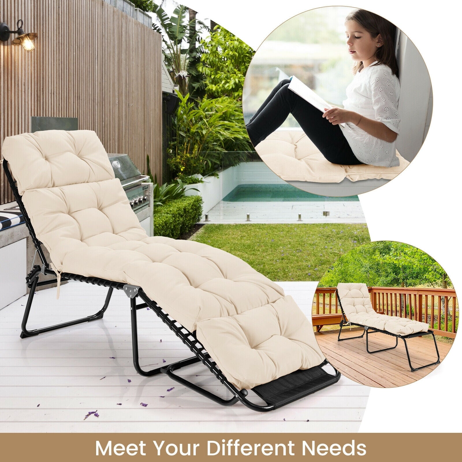 Outdoor Lounge Chaise Cushion with String Ties for Garden Poolside, Beige Outdoor Chaise Lounges at Gallery Canada