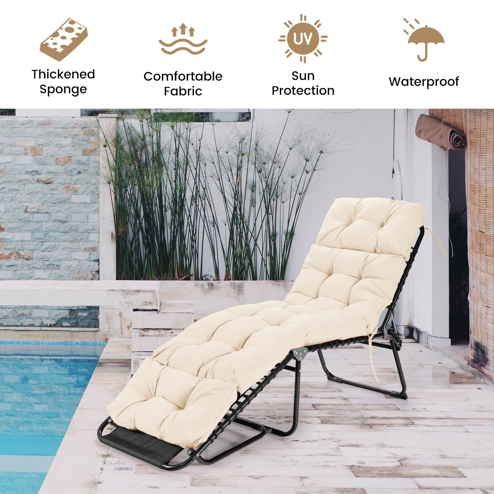 Outdoor Lounge Chaise Cushion with String Ties for Garden Poolside, Beige Outdoor Chaise Lounges at Gallery Canada