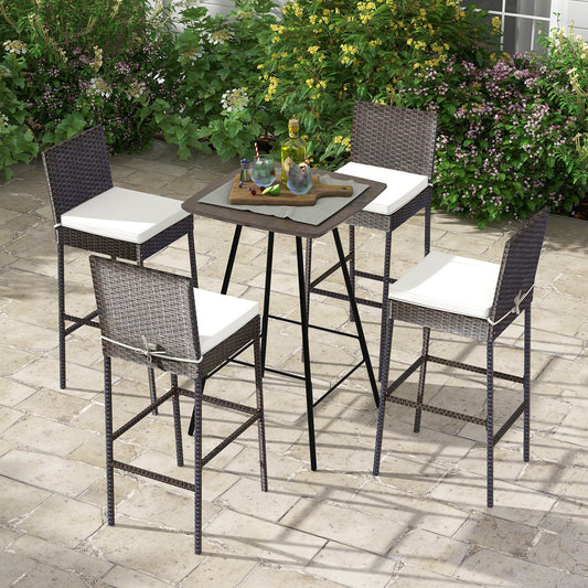 4 Pieces Patio Wicker Barstools with Seat Cushion and Footrest-Set of 4, Off White - Gallery Canada