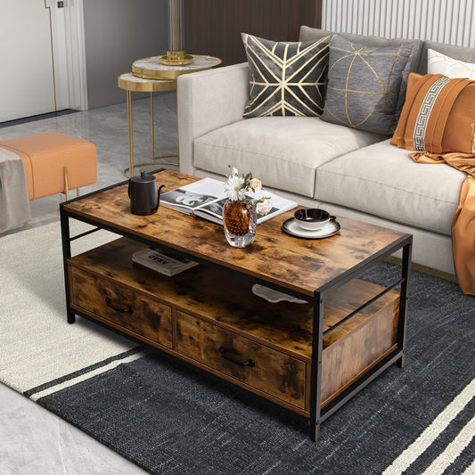 Coffee Table with 2 Drawers and Open Shelf for Living Room, Rustic Brown - Gallery Canada
