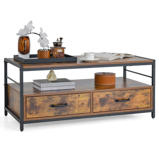 Coffee Table with 2 Drawers and Open Shelf for Living Room, Rustic Brown - Gallery Canada