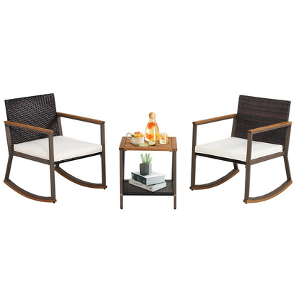 3 Pieces Rattan Rocking Bistro Set with Coffee Table and Cushions, Off White Patio Conversation Sets Off White at Gallery Canada