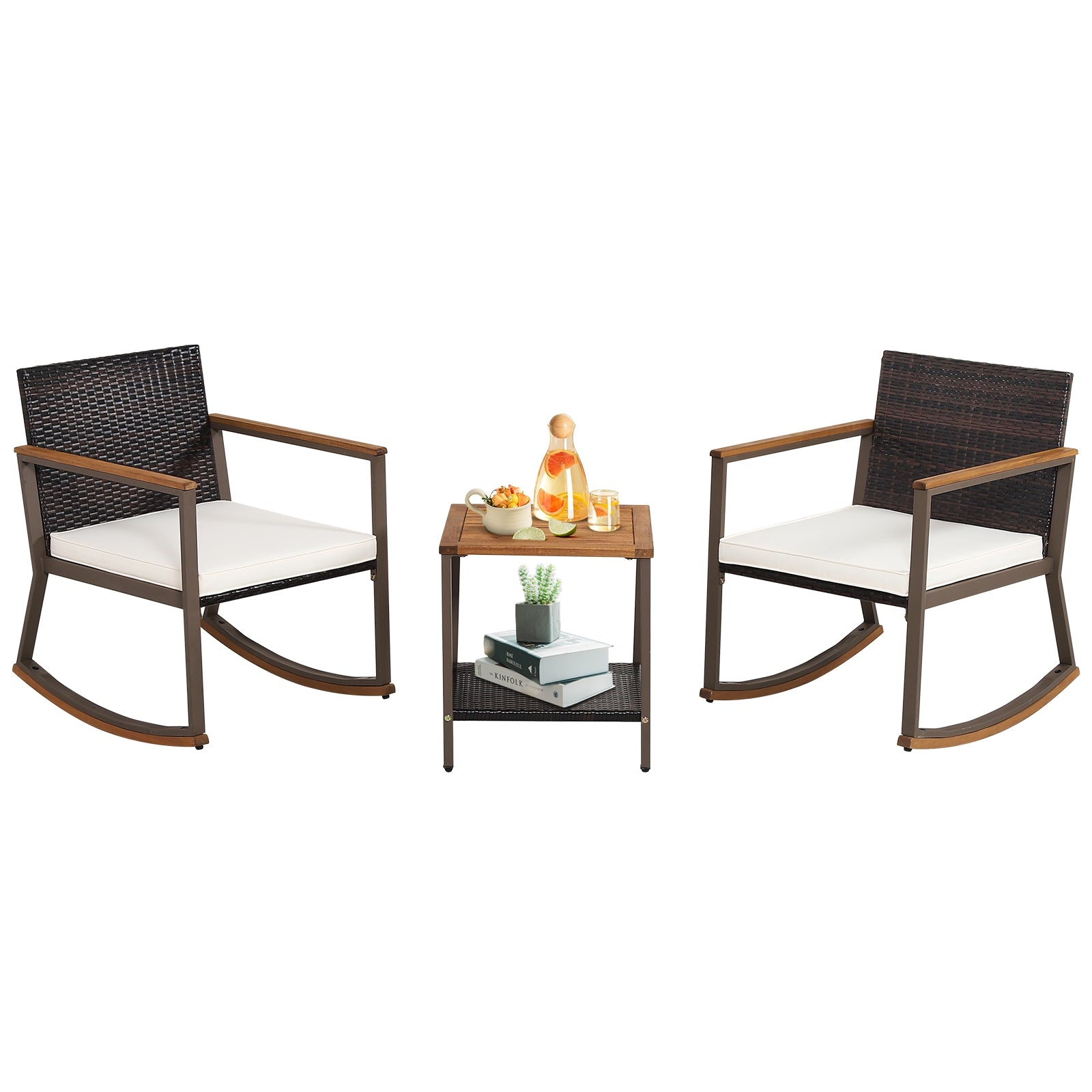 Rattan Rocking Bistro Set, 3 Pieces, Coffee Table, Cushions, Off White Patio Conversation Sets Off White at Gallery Canada