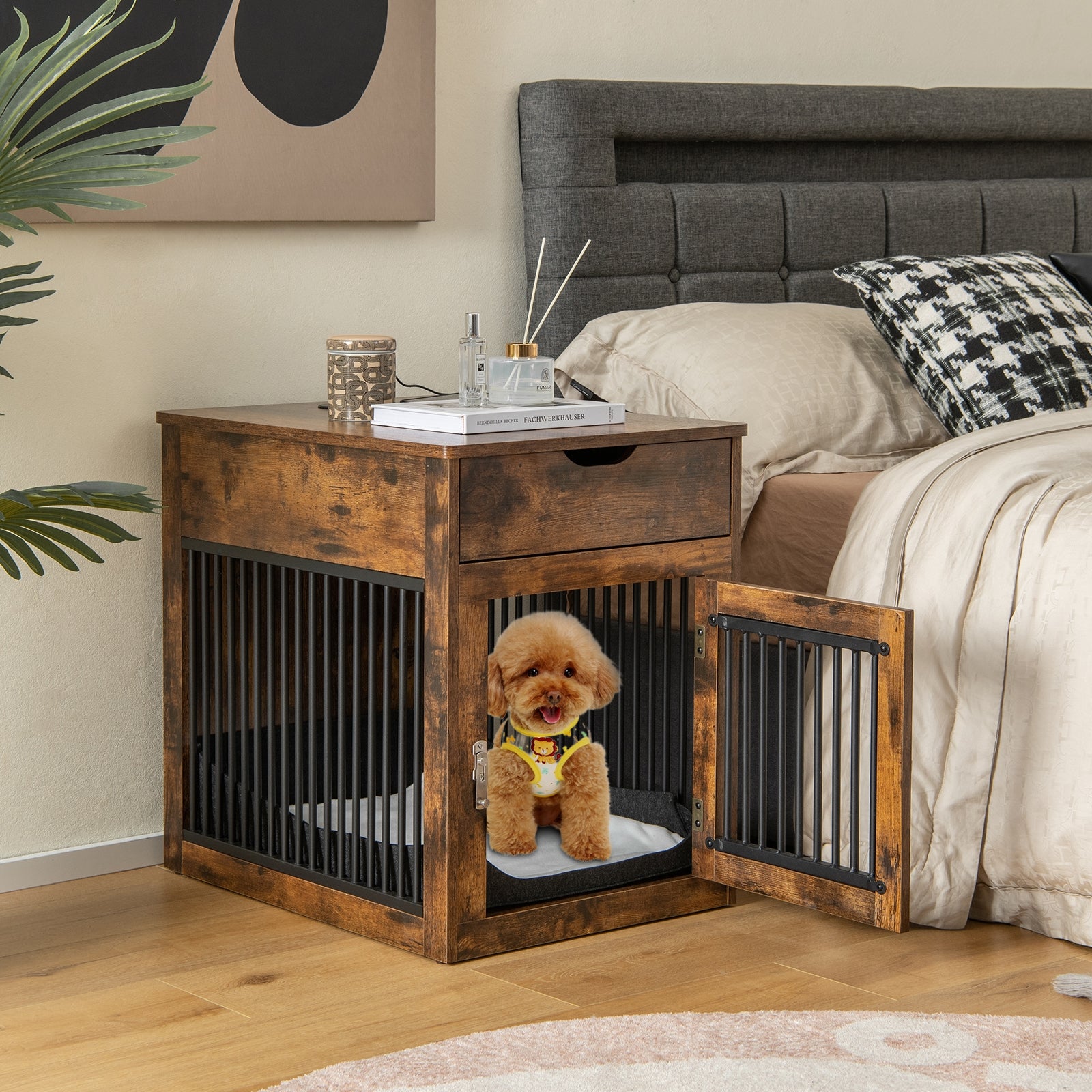 2-In-1 Dog House with Drawer and Wired Wireless Charging, Rustic Brown Dog Supplies at Gallery Canada