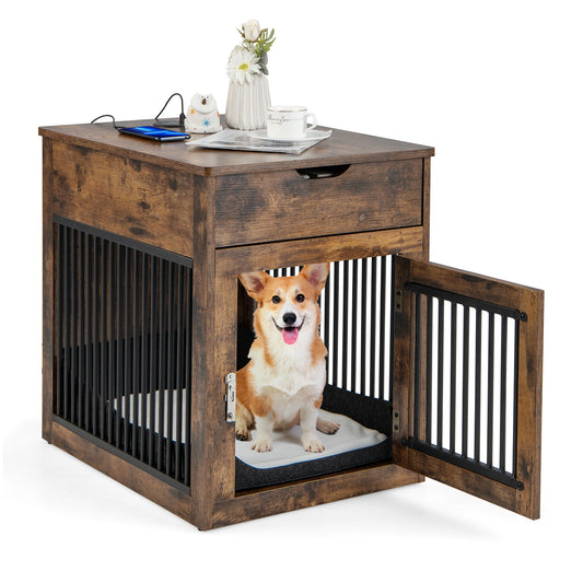 2-In-1 Dog House With Drawer, Wired Wireless Charging, Brown