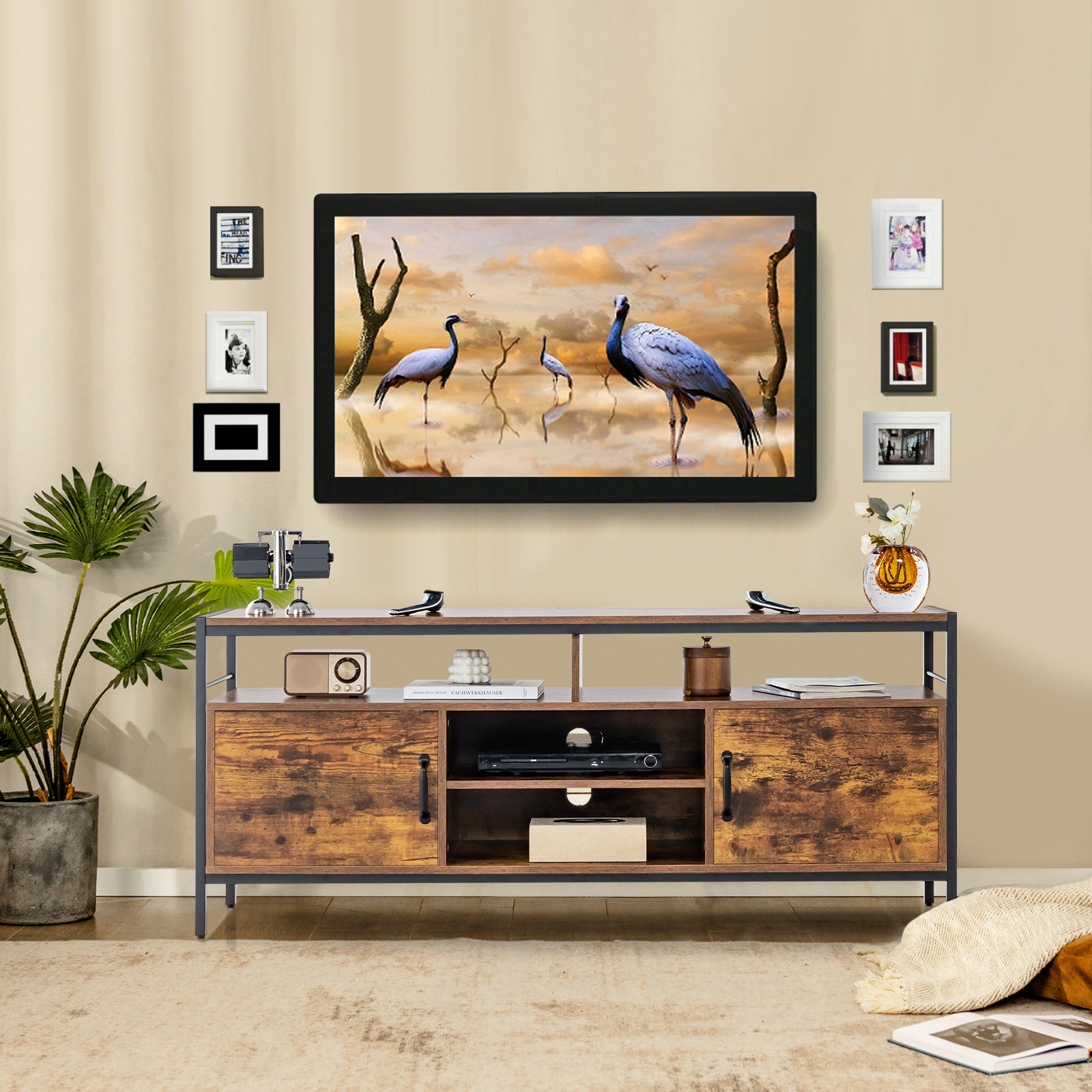 58 Inch Industrial TV Stand with Cabinets and Adjustable Shelf for TVs up to 65 Inch-Rustic Brwon, Rustic Brown Entertainment Centers & TV Stands at Gallery Canada
