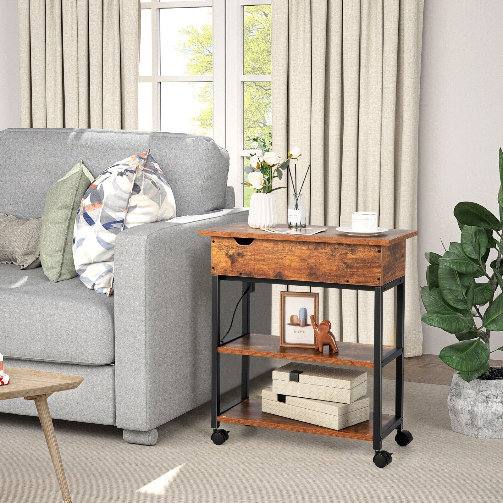 Lift Top End Table, Charging Station, Universal Wheels, Rustic Brown End & Side Tables at Gallery Canada