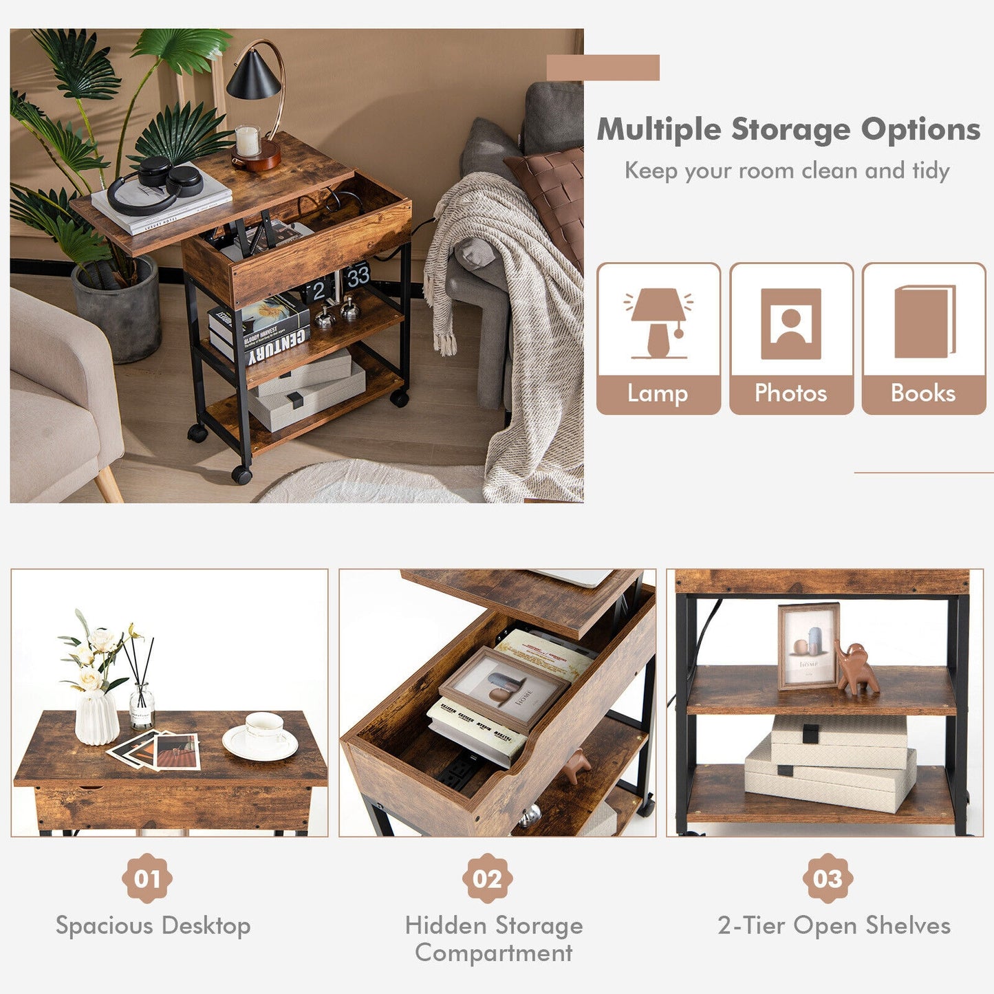 Lift Top End Table, Charging Station, Universal Wheels, Rustic Brown End & Side Tables at Gallery Canada