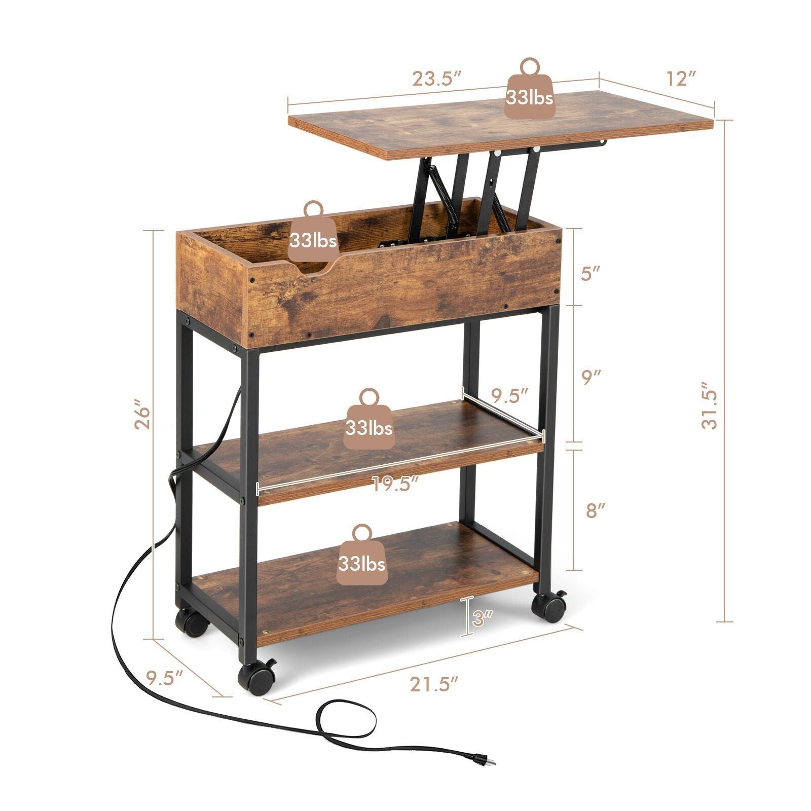 Lift Top End Table, Charging Station, Universal Wheels, Rustic Brown End & Side Tables at Gallery Canada