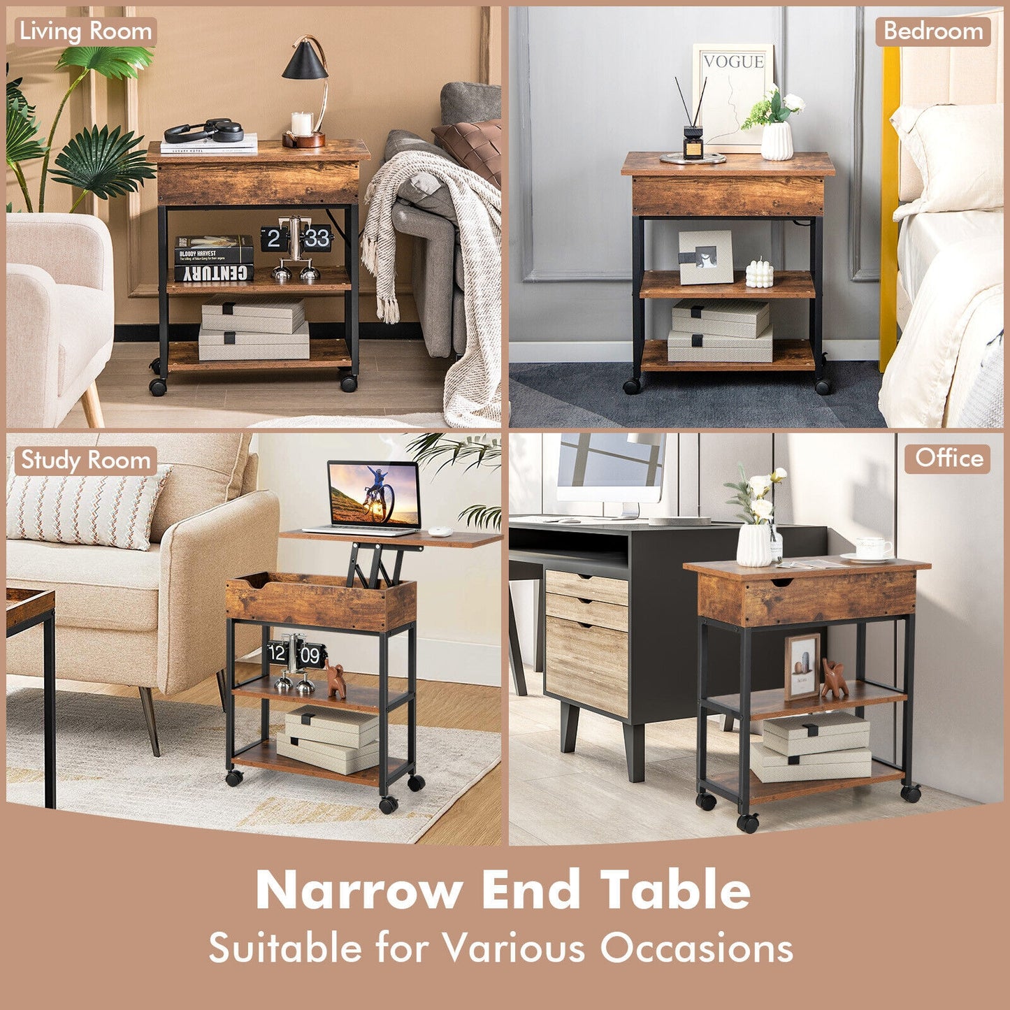 Lift Top End Table, Charging Station, Universal Wheels, Rustic Brown End & Side Tables at Gallery Canada