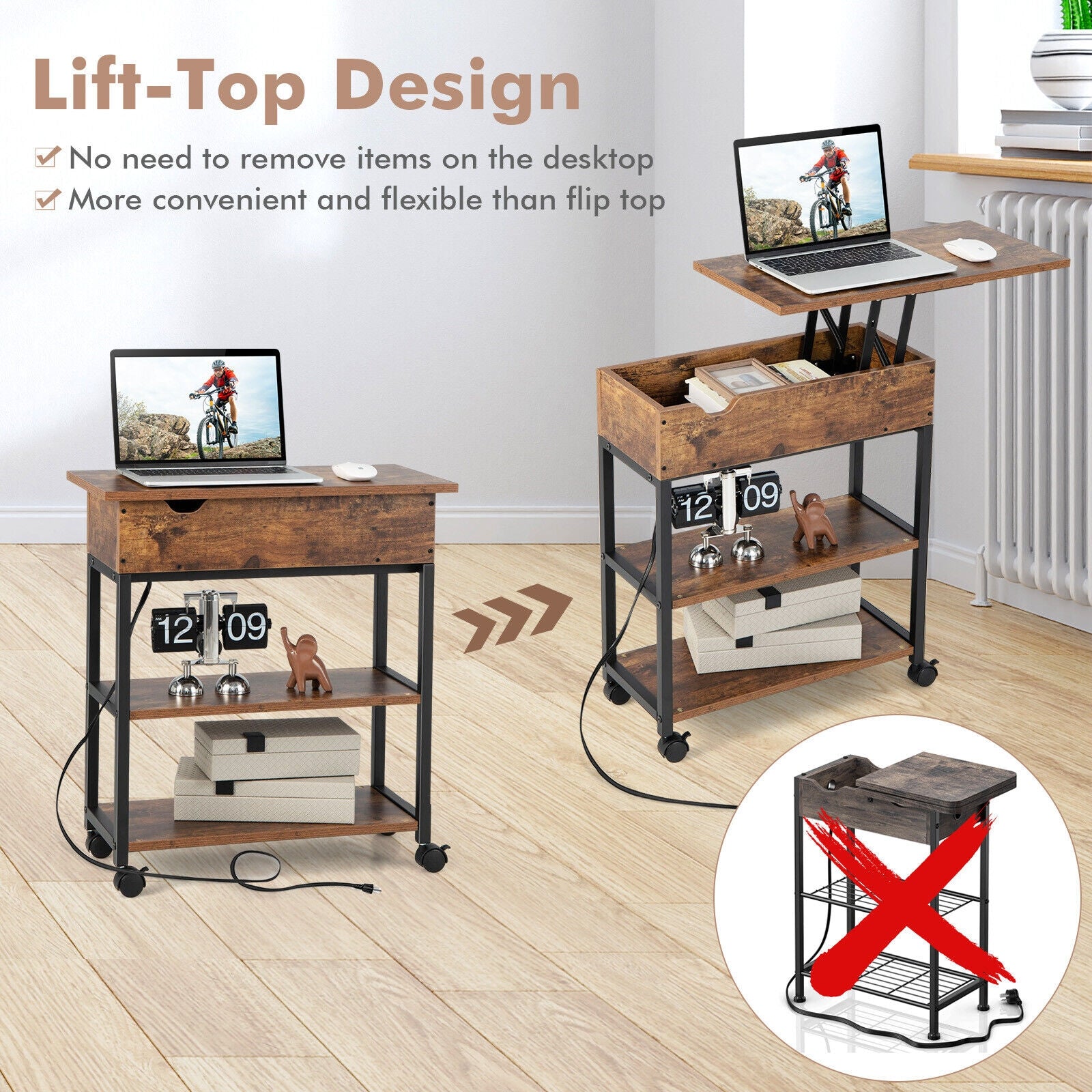 Lift Top End Table, Charging Station, Universal Wheels, Rustic Brown End & Side Tables at Gallery Canada