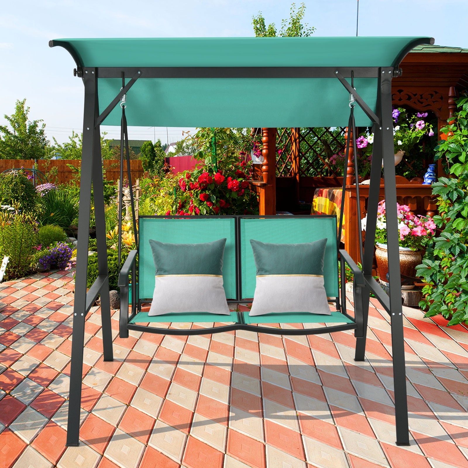 2 Person Patio Swing with Weather Resistant Glider and Adjustable Canopy, Green Porch Swings at Gallery Canada