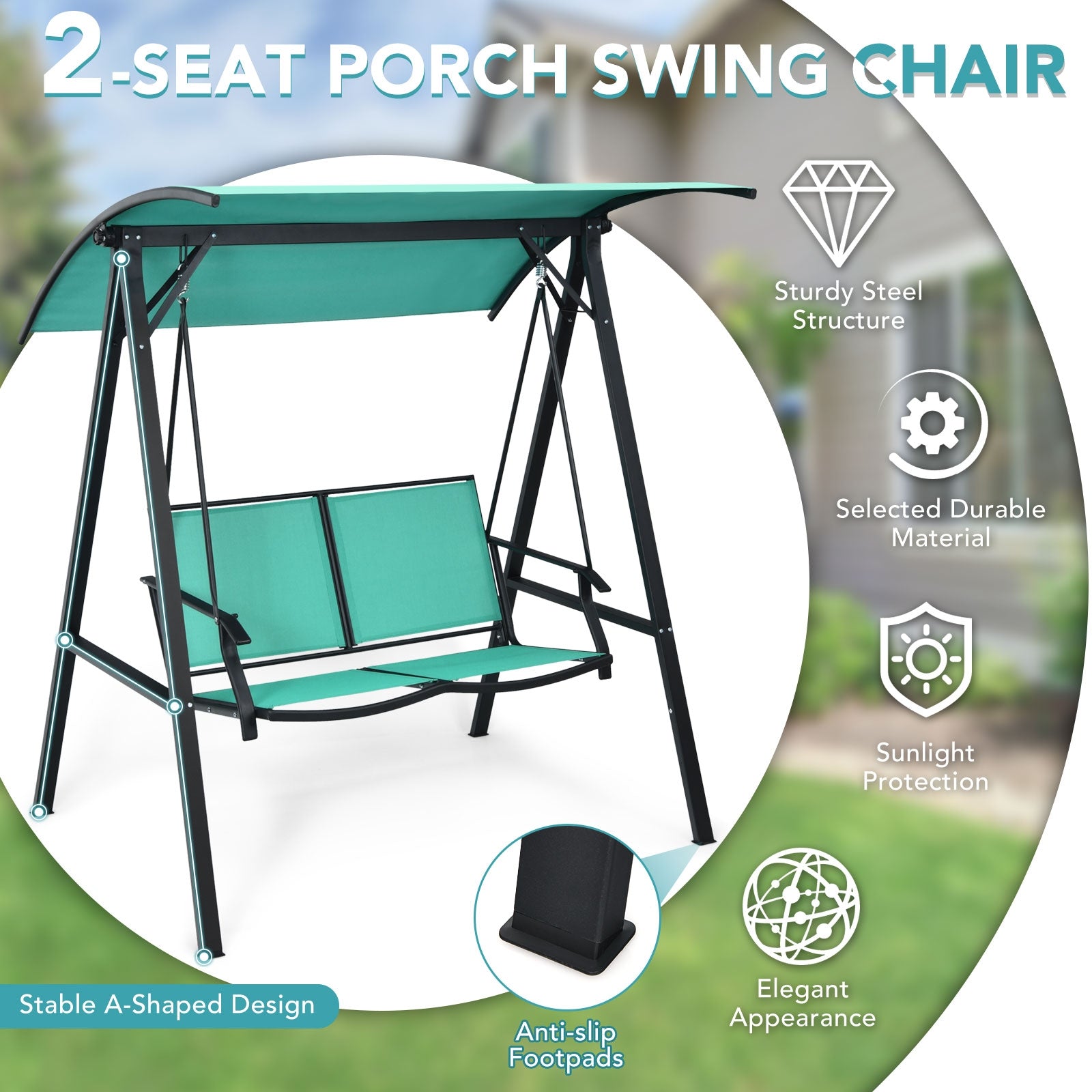 2 Person Patio Swing with Weather Resistant Glider and Adjustable Canopy, Green Porch Swings at Gallery Canada