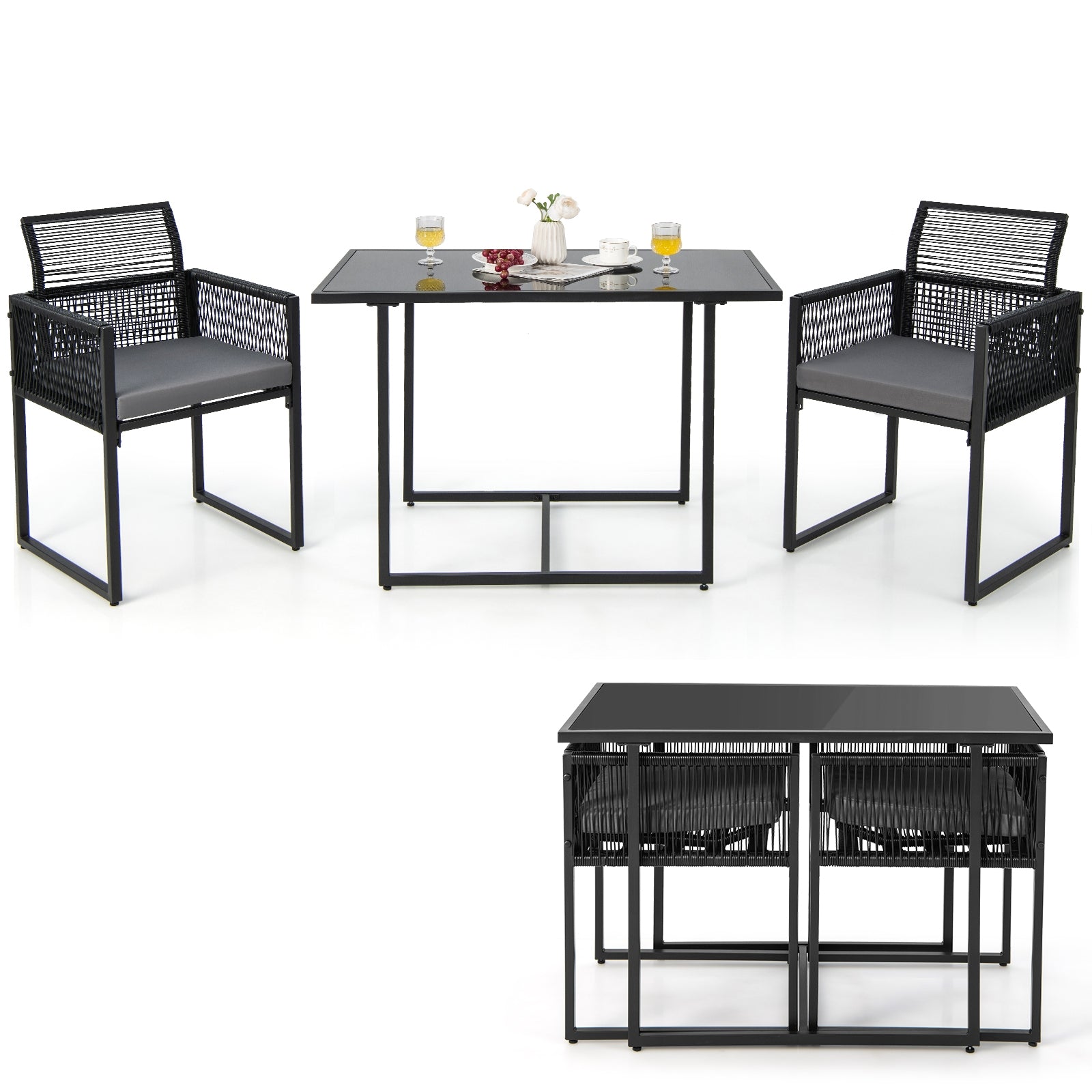 3 Pieces Outdoor Dining Set with Folding Backrest and Seat Cushions, Black Patio Dining Sets at Gallery Canada
