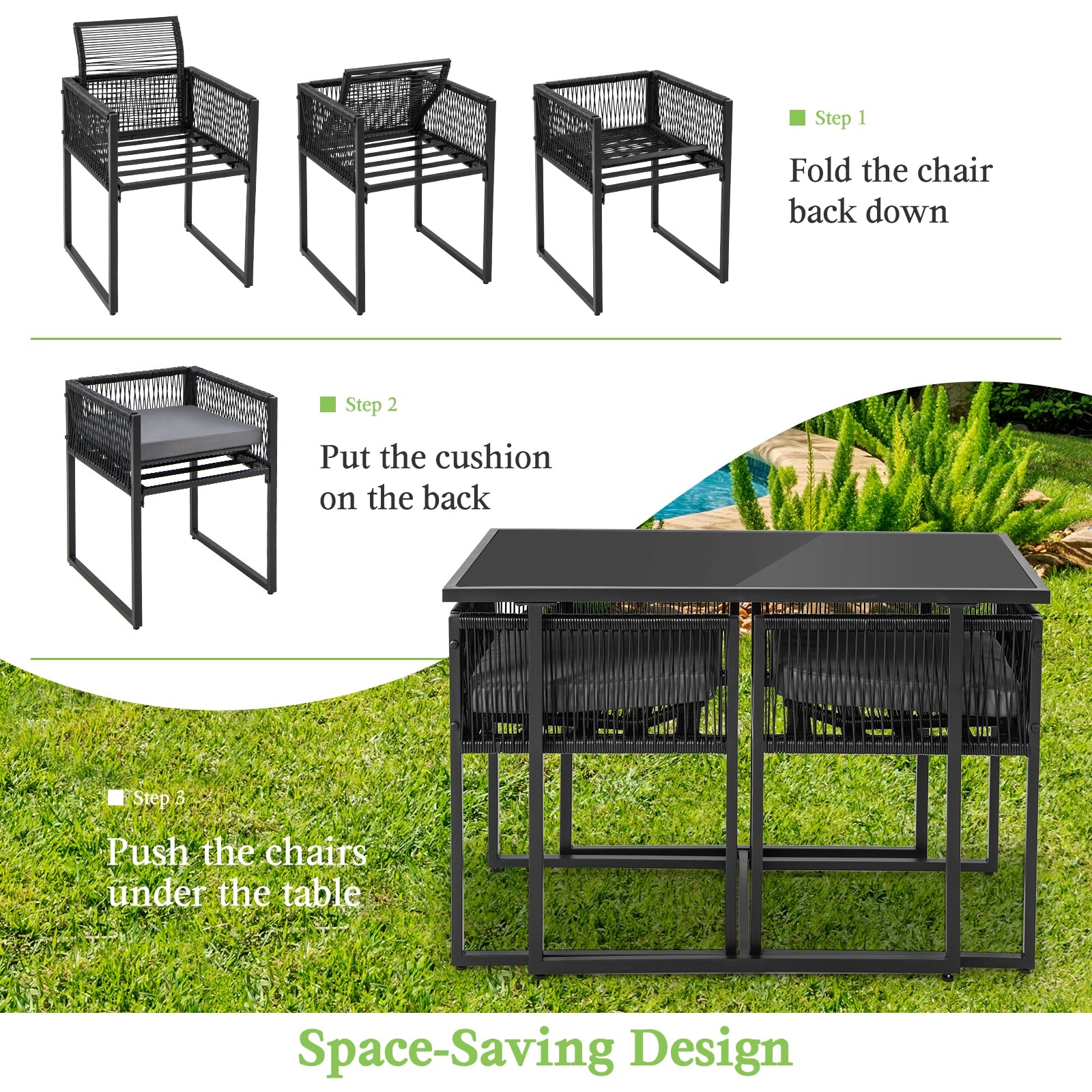 3 Pieces Outdoor Dining Set with Folding Backrest and Seat Cushions, Black Patio Dining Sets at Gallery Canada