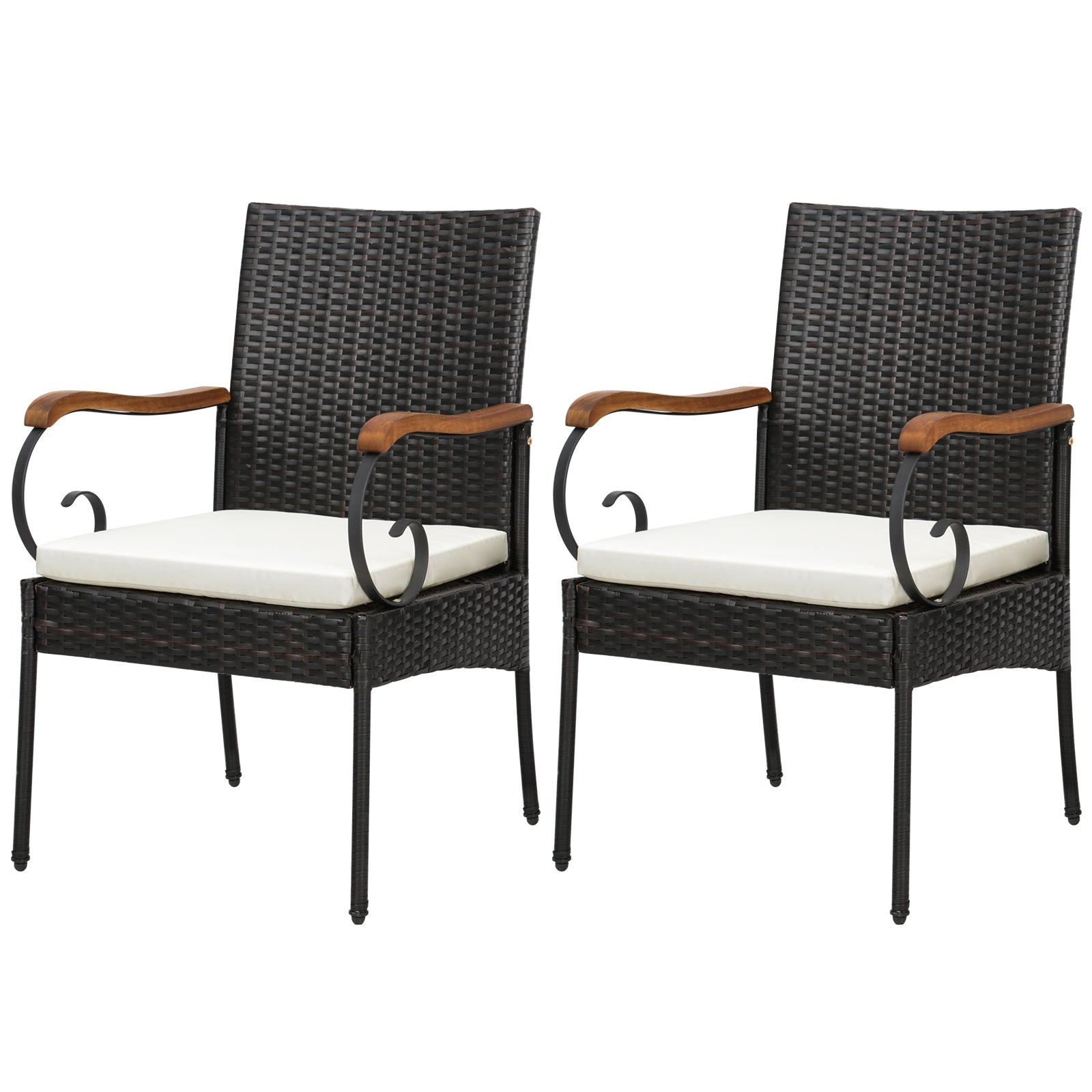 Set of 2 Outdoor PE Wicker Chair, Acacia Wood Armrests, Off White Patio Dining Chairs Off White at Gallery Canada