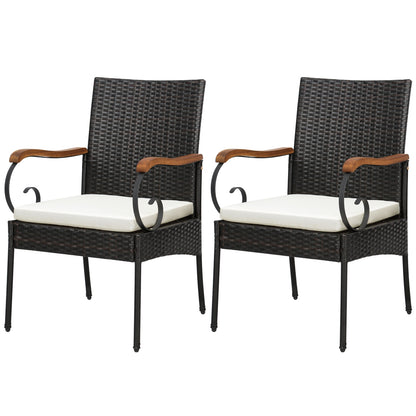 Set of 2 Outdoor PE Wicker Chair, Acacia Wood Armrests, Off White Patio Dining Chairs Off White at Gallery Canada