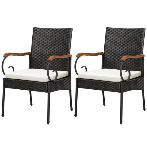 Set of 2 Outdoor PE Wicker Chair, Acacia Wood Armrests, Off White