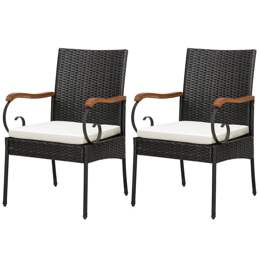 Set of 2 Outdoor PE Wicker Chair, Acacia Wood Armrests, Off White Patio Dining Chairs Off White at Gallery Canada
