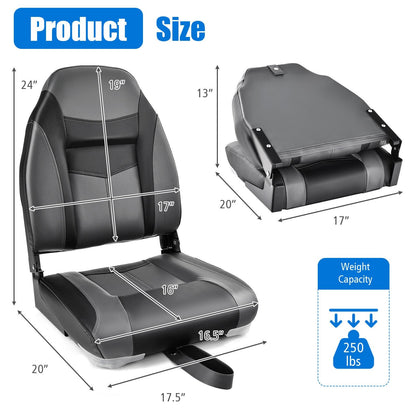 High Back Folding Boat Seats with Black Grey Sponge Cushion and Flexible Hinges-1 Piece, Black