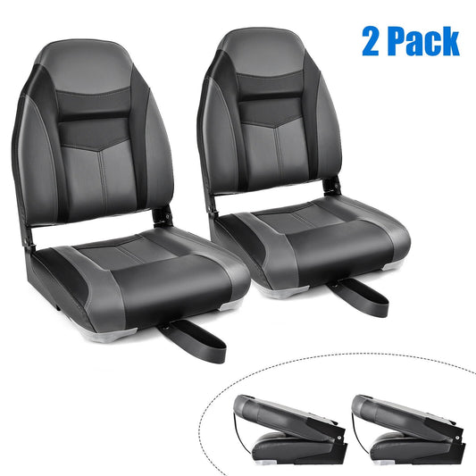 High Back Folding Boat Seats with Black Grey Sponge Cushion and Flexible Hinges-Set of 2, Black