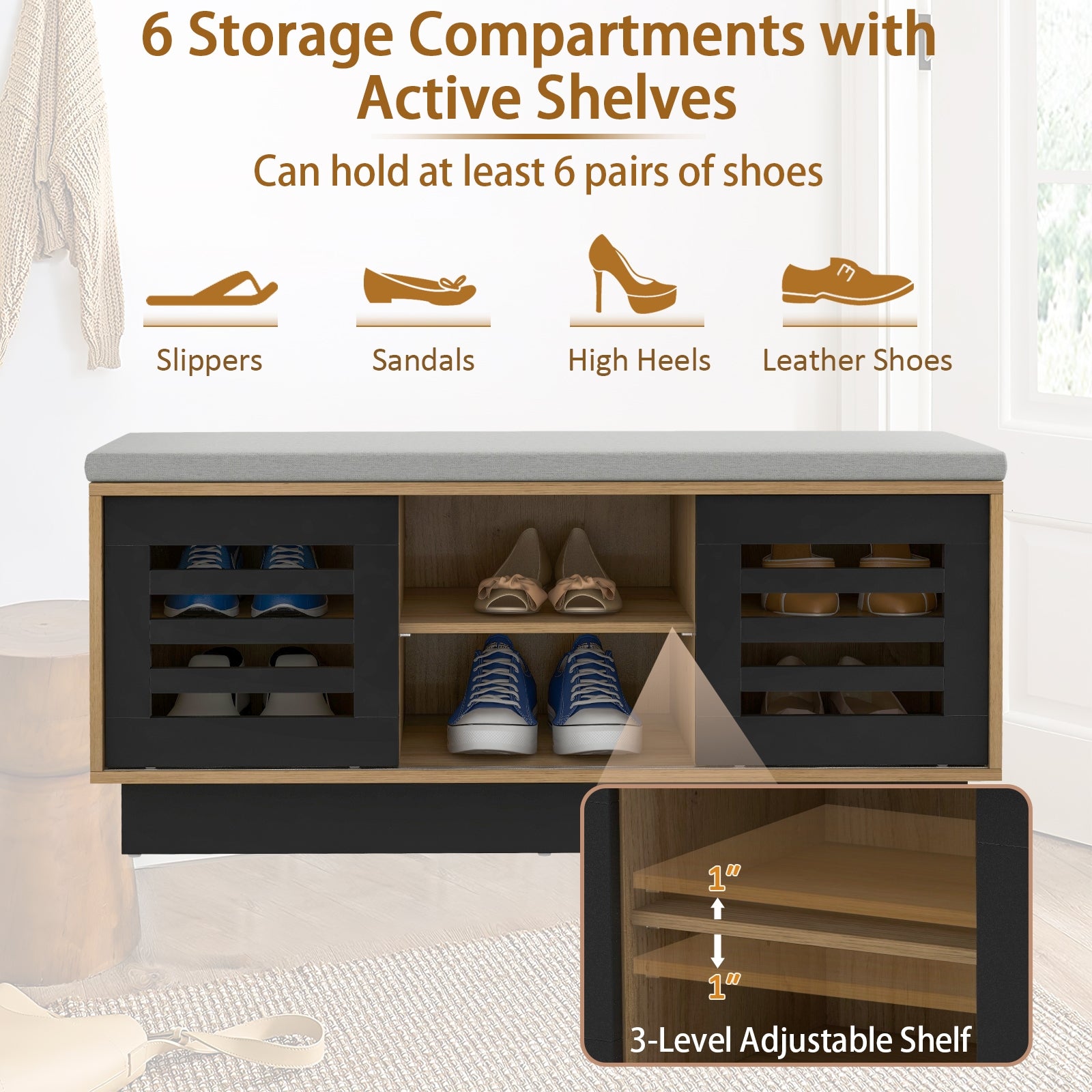 Shoe Bench, 6 Storage Compartments, 3 Adjustable Shelves, Natural Shoe Racks & Storage Benches at Gallery Canada