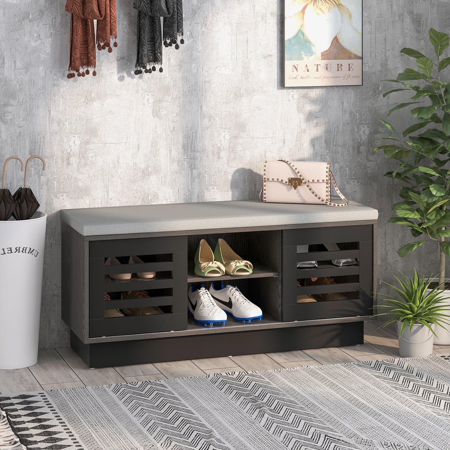 Shoe Bench with 6 Storage Compartments and 3 Adjustable Shelves, Gray Shoe Racks & Storage Benches at Gallery Canada