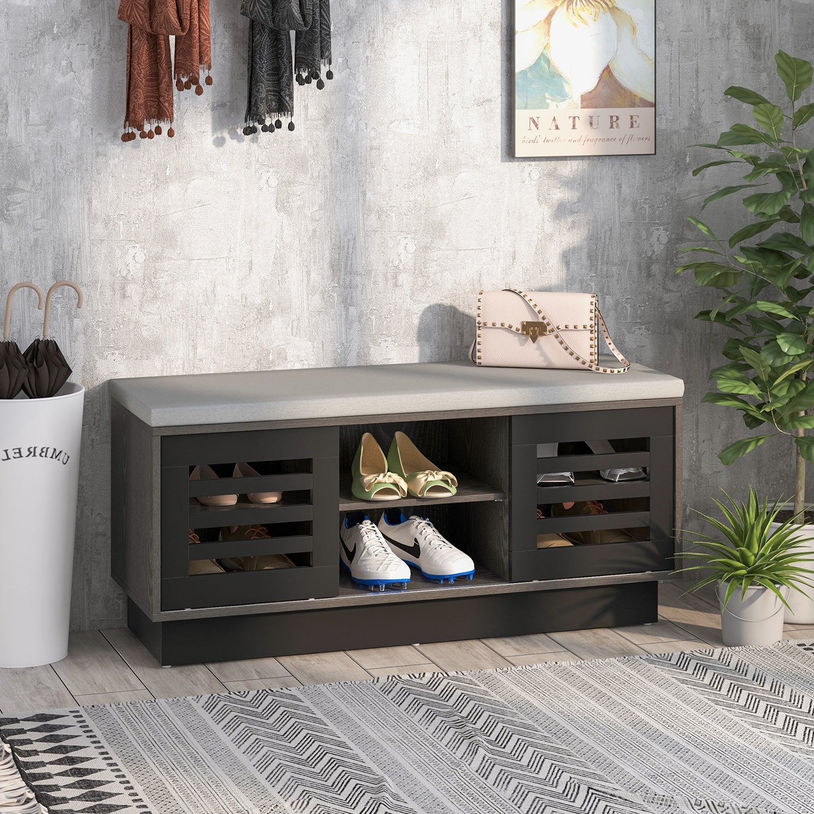 Shoe Bench with 6 Storage Compartments and 3 Adjustable Shelves, Gray Shoe Racks & Storage Benches at Gallery Canada