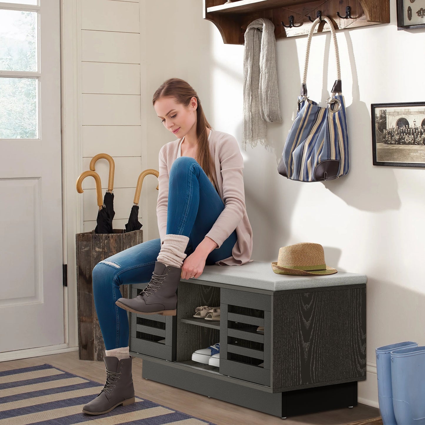 Shoe Bench, 6 Storage Compartments, 3 Adjustable Shelves, Gray Shoe Racks & Storage Benches at Gallery Canada