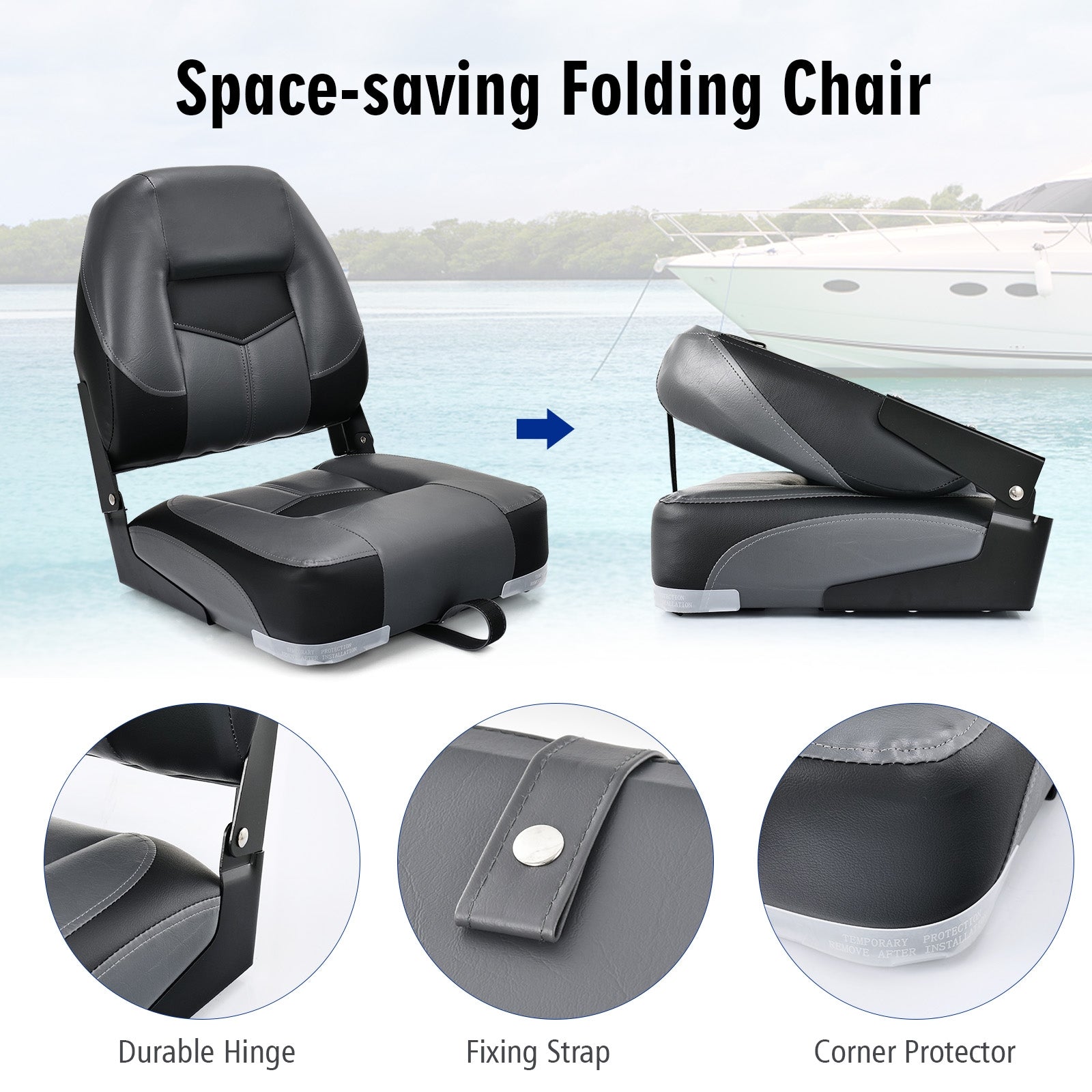 Set of 2 Folding Low Back Fishing Boat Seats with Stainless Steel Screws, Black Swimming at Gallery Canada