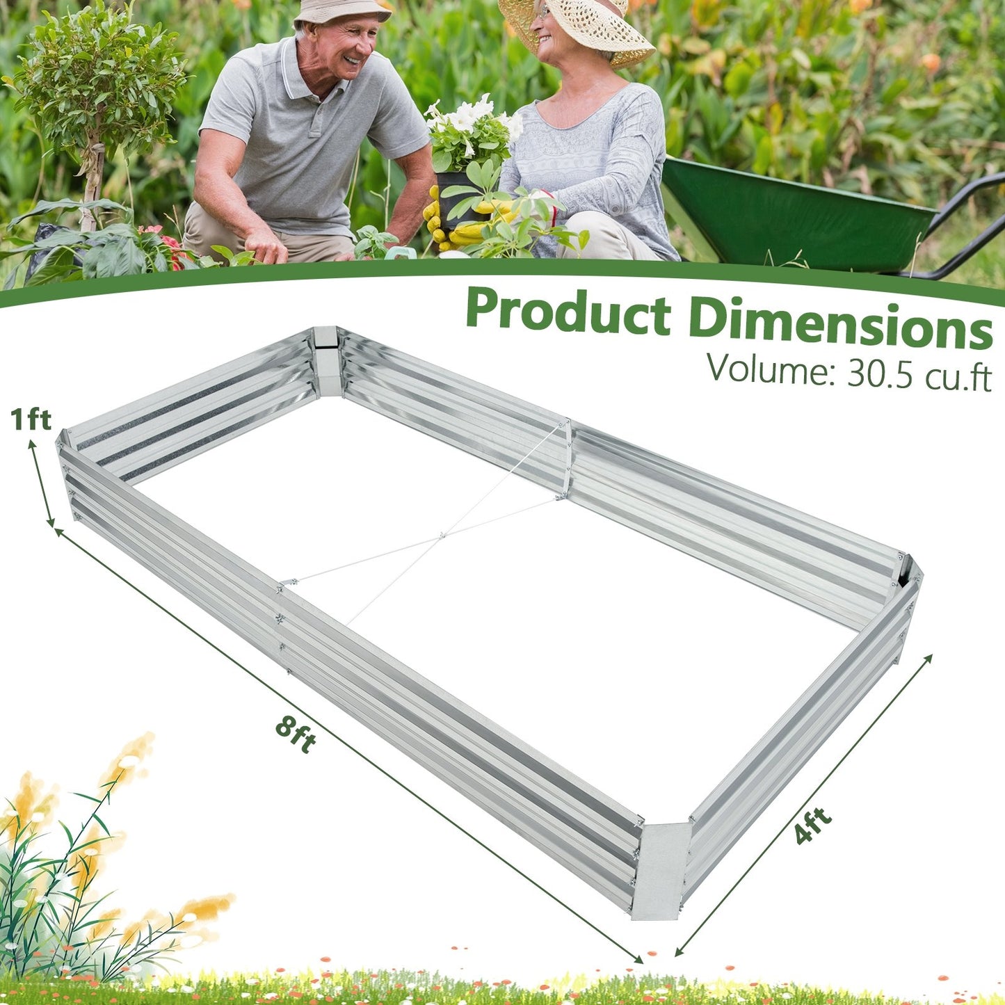 Metal Galvanized Raised Garden Bed with Open-Ended Base-8 x 4 ft, Silver