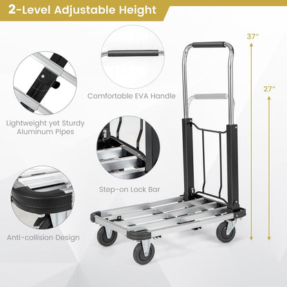 Folding Hand Truck Aluminum Utility Dolly Platform Cart with Extendable Base, Black