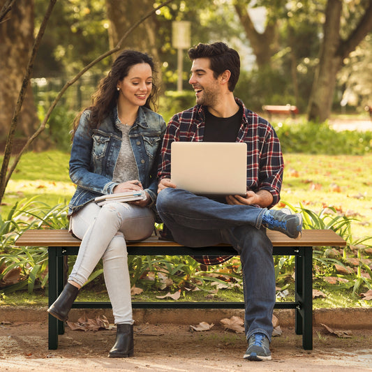 47 Inch Outdoor Chair with Slatted Seat Plastic Coated Iron Frame, Brown Outdoor Benches Brown at Gallery Canada