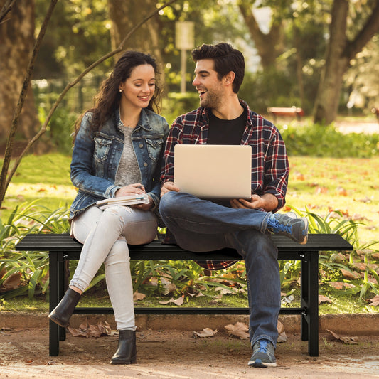 47 Inch Outdoor Chair with Slatted Seat Plastic Coated Iron Frame, Black Outdoor Benches Black at Gallery Canada