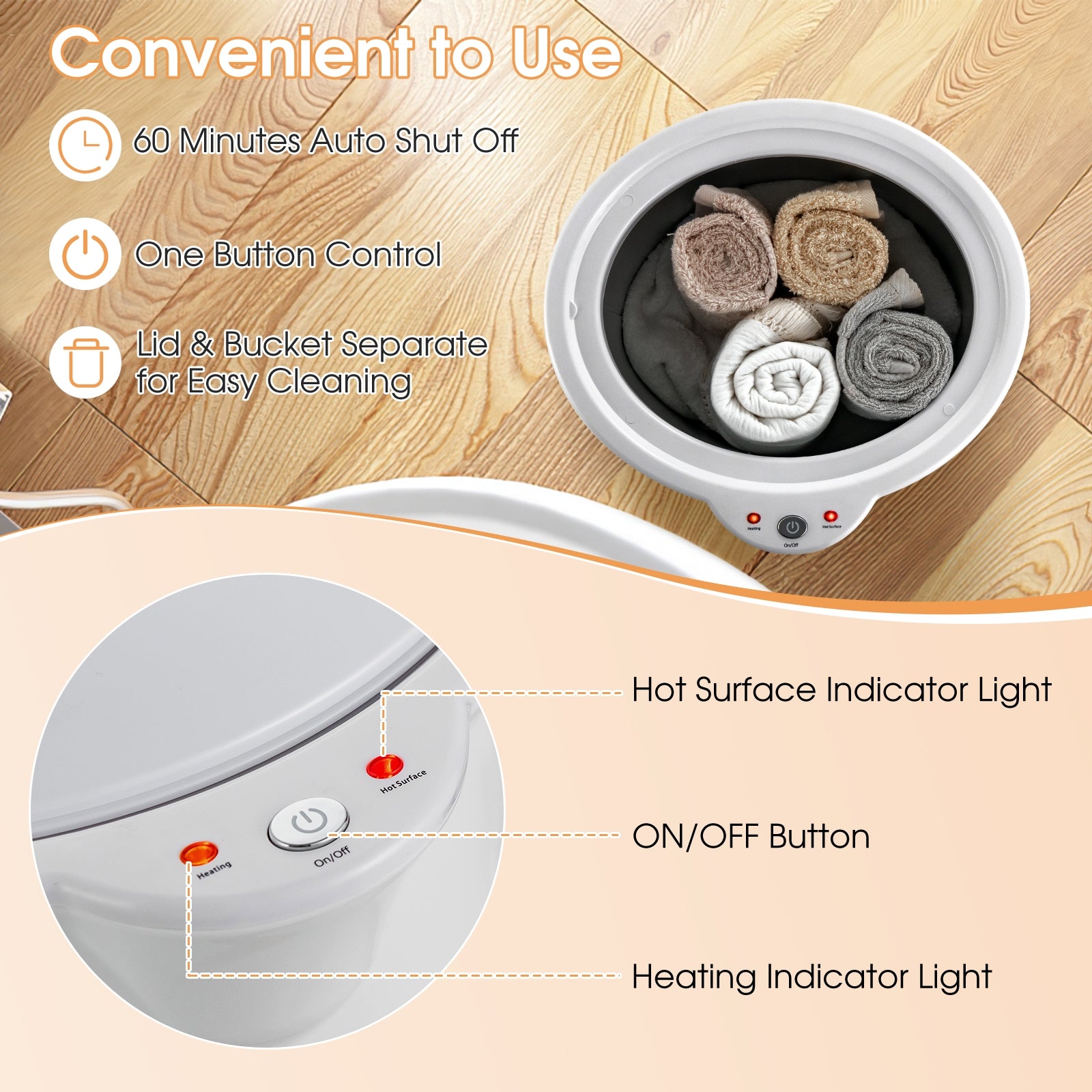 Bathroom Towel Warmer Bucket with Fragrance Holder and Auto Shut, Gray Massage at Gallery Canada