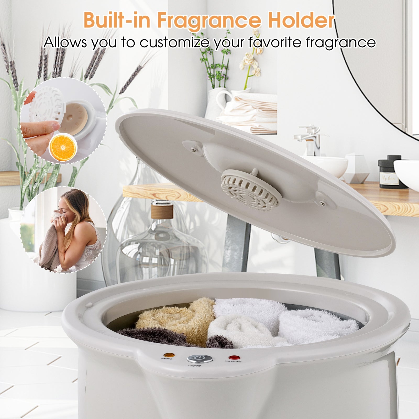 Bathroom Towel Warmer Bucket with Fragrance Holder and Auto Shut, Gray Massage at Gallery Canada