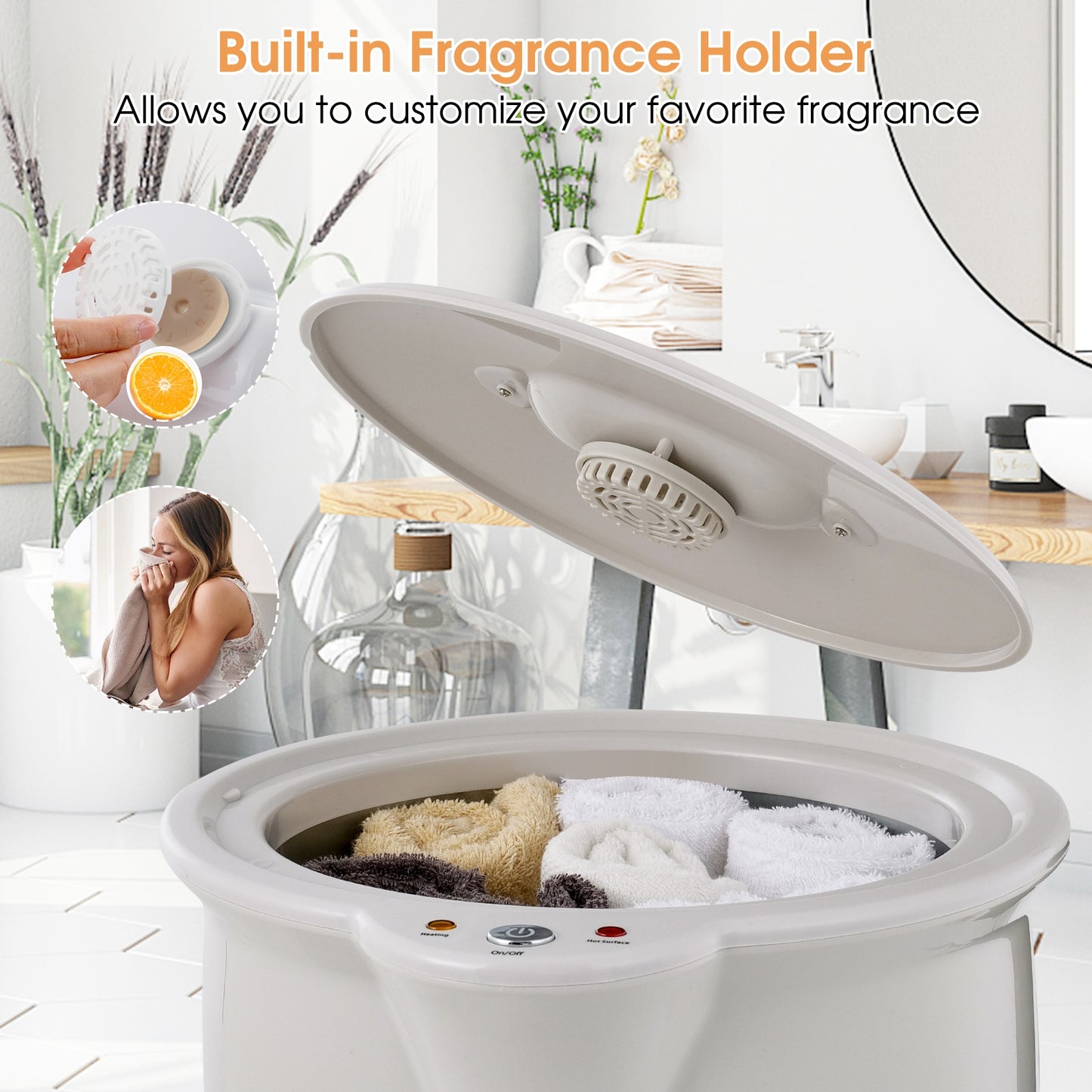 Bathroom Towel Warmer Bucket with Fragrance Holder and Auto Shut, Gray Massage at Gallery Canada